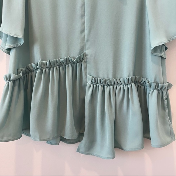 ASOS DESIGN smock top asymmetric ruffle hem sage green blue office career casual - Picture 7 of 12
